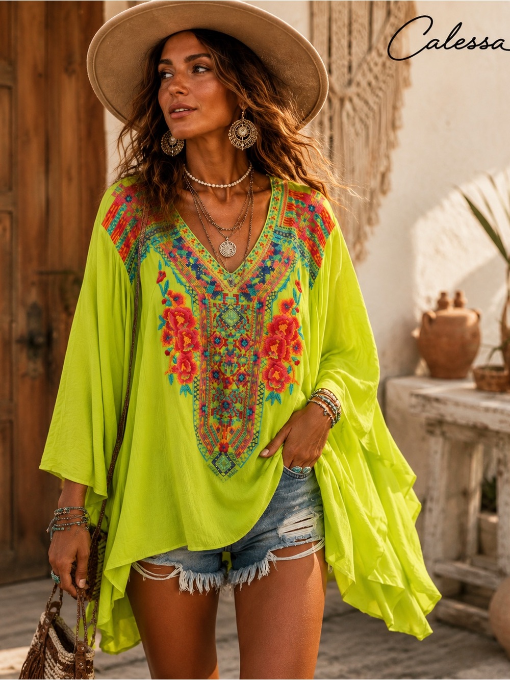 Calessa, Womens,Green V-Neck Embroidered Floral Blouse 3/4 Sleeve, Top, Size 2X